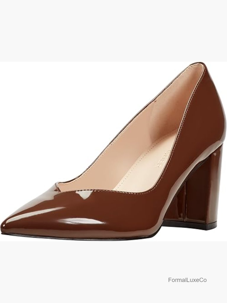 Pointy Toe Block Heel Pumps - 2.76" Heel - Faux Patent Leather
